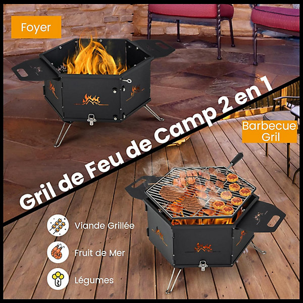 2 En 1 Barbecue Extérieur XL avec Grill Portable au Charbon Bois avec Pieds Pliables pour 5 Personnes