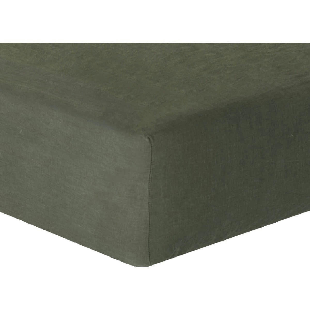 HORTENSE - Drap housse lin lavé  180x200x40 vert kaki