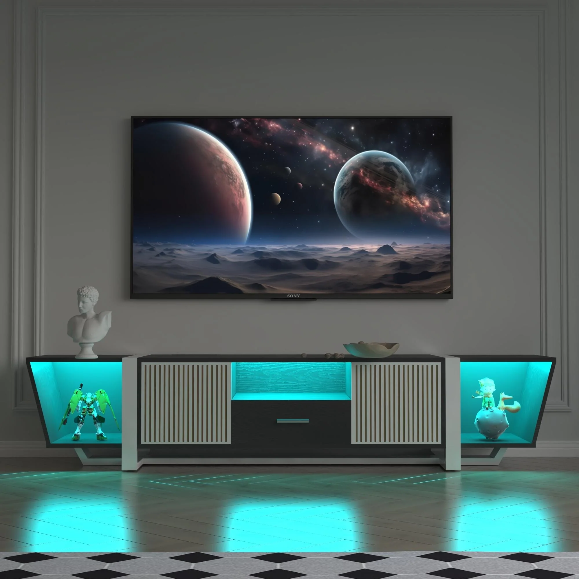 Black 71 TV Console with Storage, Remote, & RGB Lights for TVs Up to 60