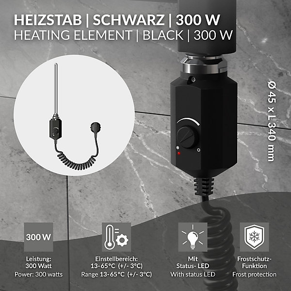 élément Chauffant Noir 300W pour Radiateur de Salle de Bain, Résistance électrique avec Thermostat, Régulateur de Température