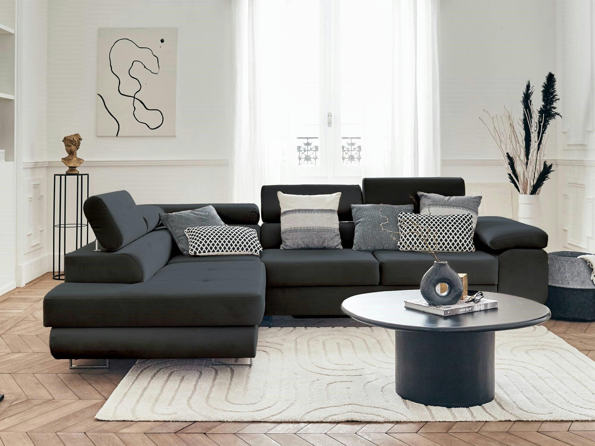 PABLO - Canapé d'angle gauche convertible 5 places en velours gris foncé