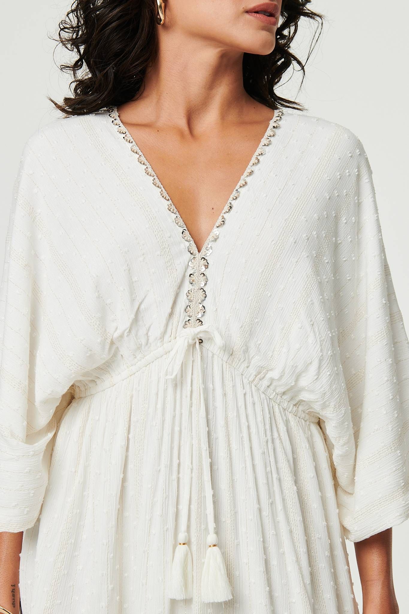 Izabel London Textured V-Neck Empire Kaftan Maxi Dress