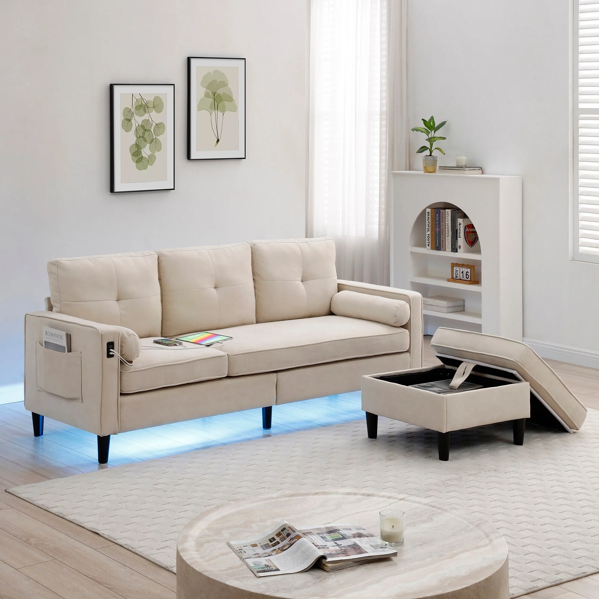 Beige 75.2'' Fabric Convertible Sofa, 3-Seater with Storage Ottoman, 2 USB Ports, LED Lights, and Wooden Legs