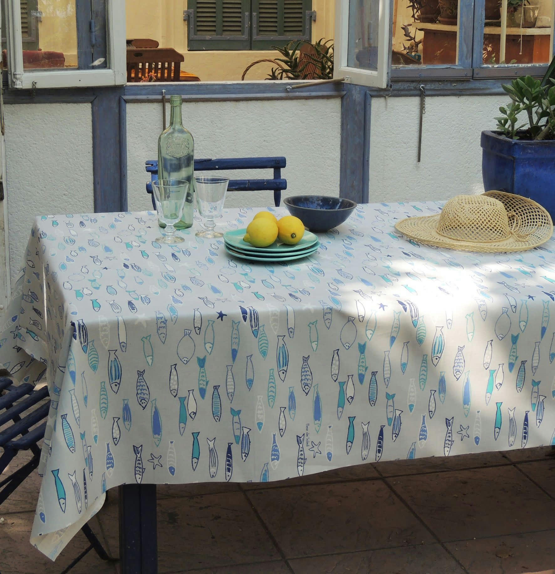 POISSONS - Nappe enduite rectangle 160 x 200 cm turquoise