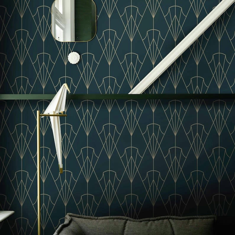 VINTAGE - Papier Peint Art Déco des années 30 Vert Pétrole 250x200 cm