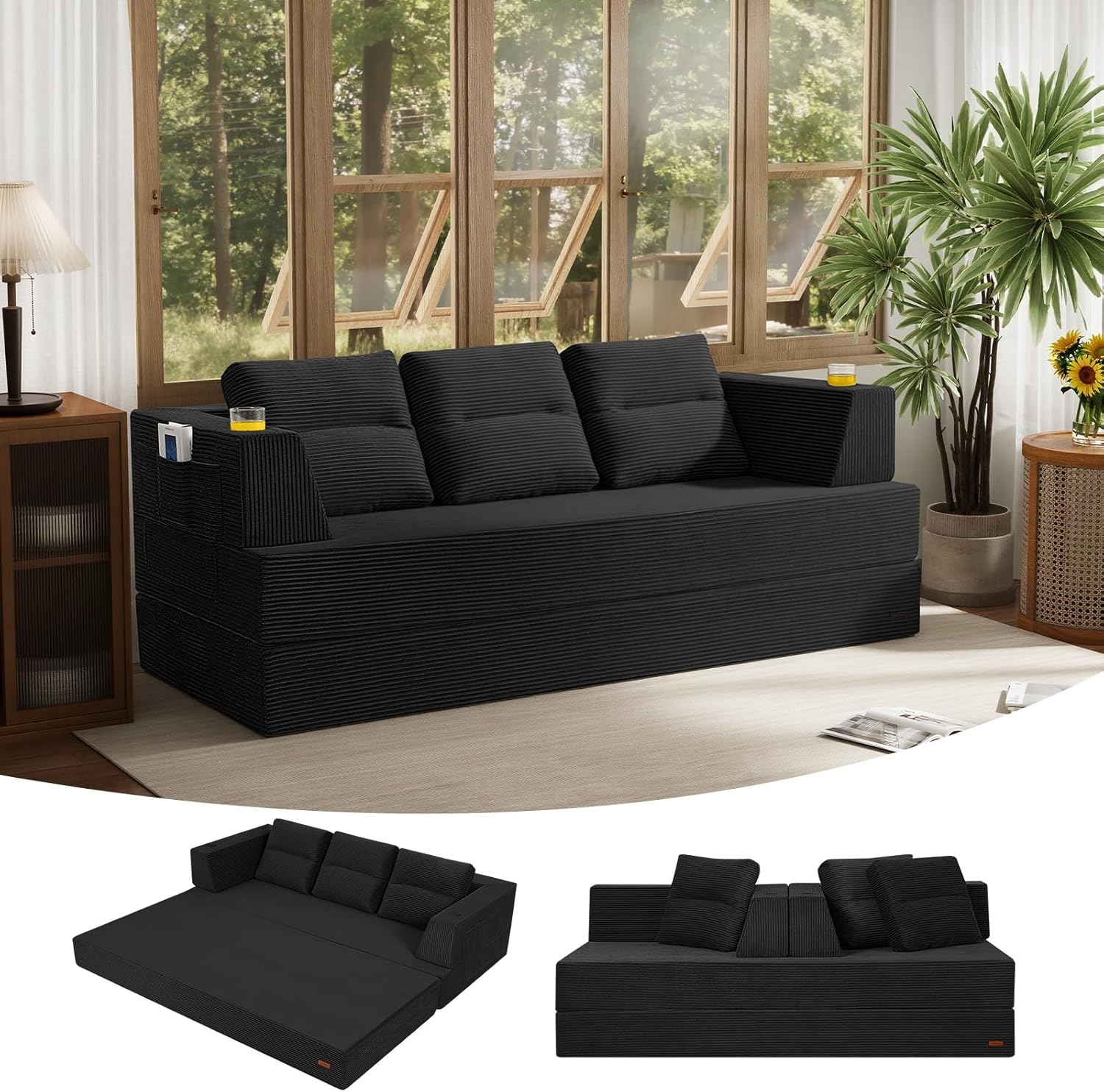 COMAX Futon Sofa Bed Queen, 79 Convertible Sofa Bed Couches for Living Room, 4 in 1 Folding Boneless Sleeper Corduroy Couch Loveseat Foam In a Box, Comfy Foldable Lounge Fold Out Floor Mattress Black