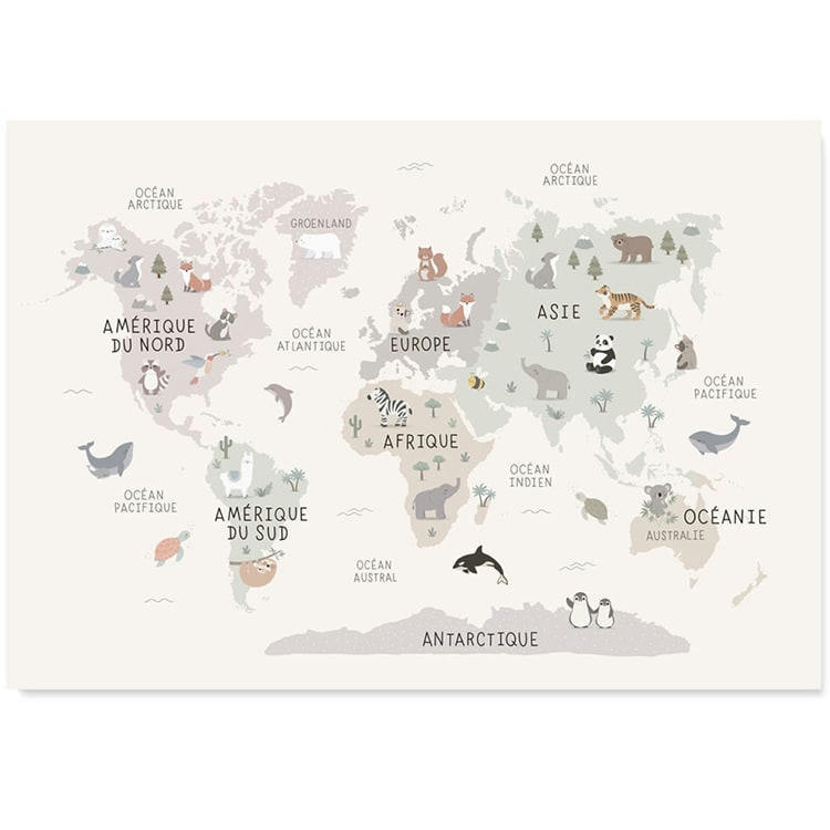 - Affiche carte du monde animaux (42 x 29,7 cm)