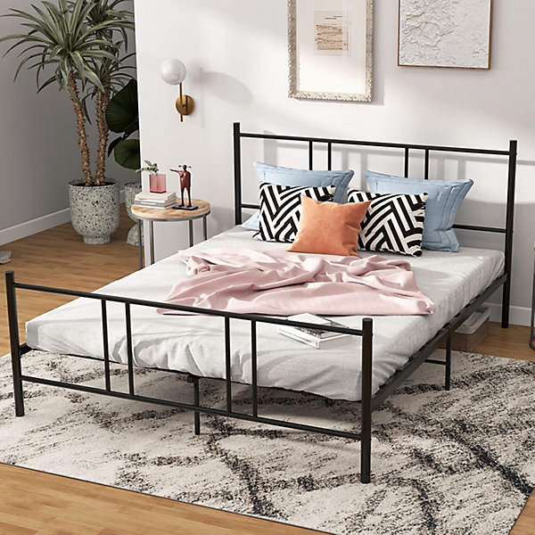 Cadre de Lit de Plateforme Sommier Lit Double King Size en Métal Rangement sous Lit Haute Tête 101cm