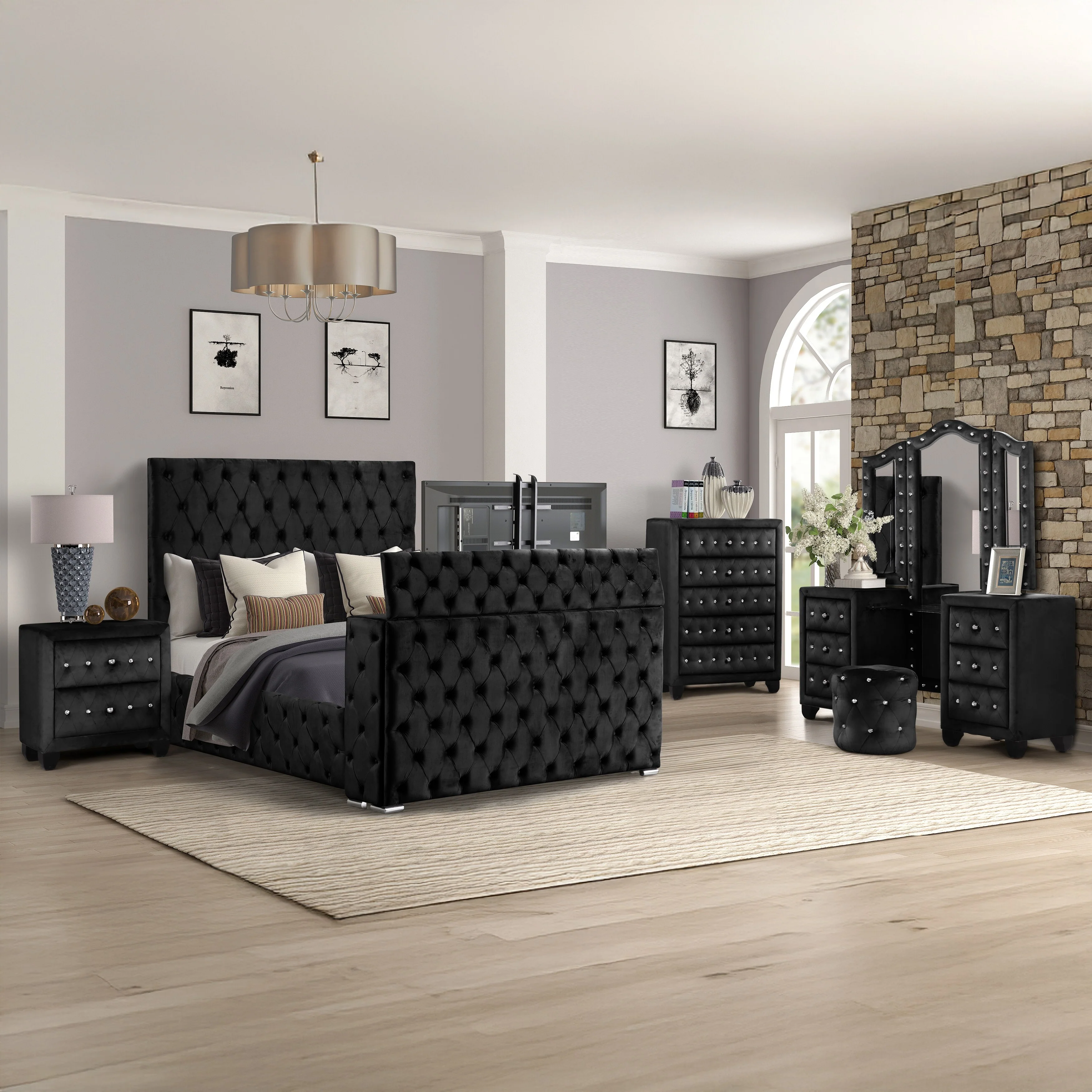 Encore King / Queen 4PC / 5PCS Vanity Bedroom Set in Beige / Black / Gray