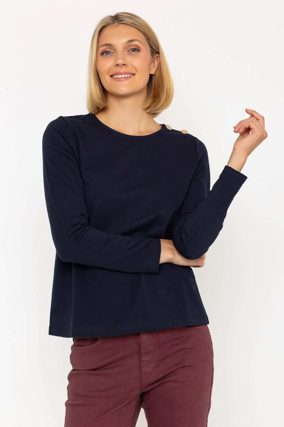 Navy Cotton Long Sleeve Top With Golden Buttons