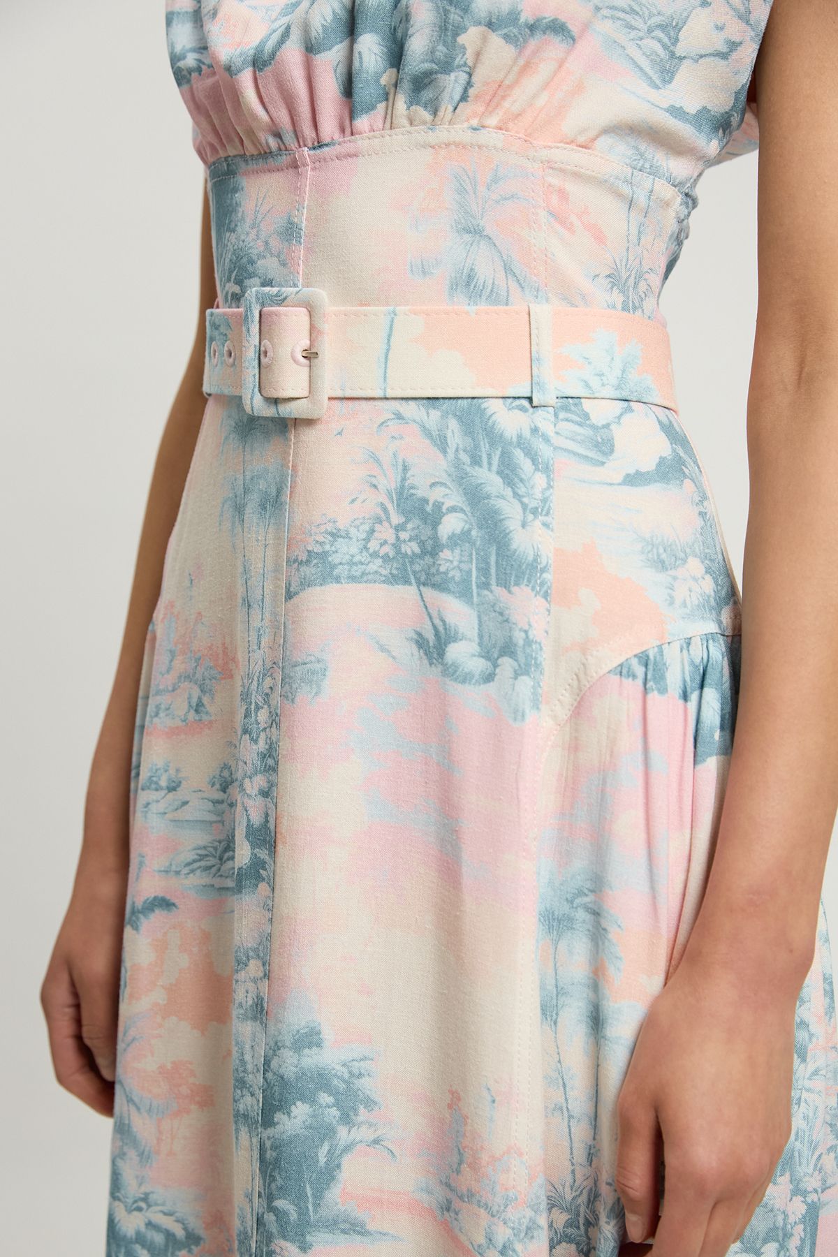 KarenMillen Scenic Print Contrast Topstitch Belted Midi Dress