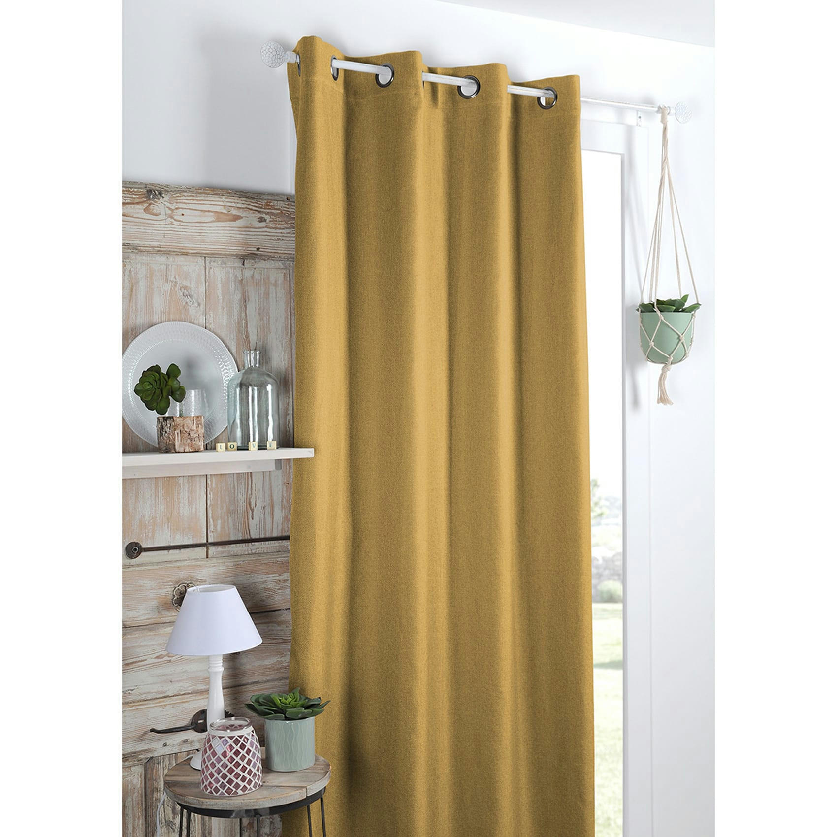 - Rideau occultant uni tramé polyester jaune moutarde 140x260 cm