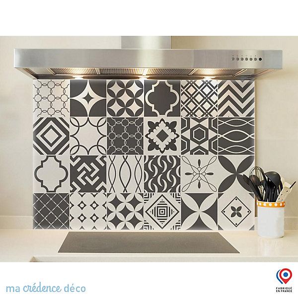 Crédence cuisine fond de hotte Carreaux ciment gris foncé et blanc - Verre trempé - L 90 cm x H 60 cm - MaCrédenceDéco