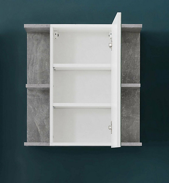 NANO - Meuble de salle de bain - Armoire de toilette avec miroir en mélaminé blanc brillant-gris. L-H-P:60-62-20cm