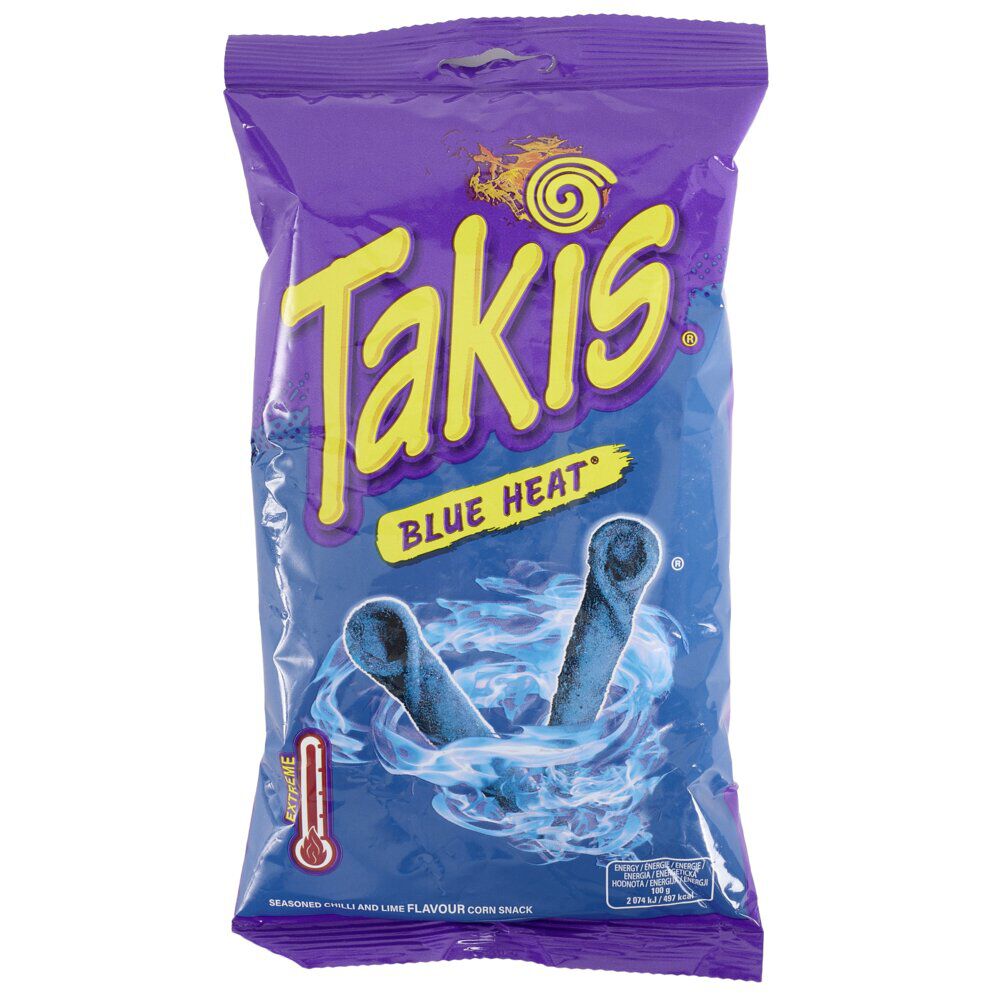 Snacks salés tortillas roulées Takis Blue Heat piment extrême saveur citron vert 100gr