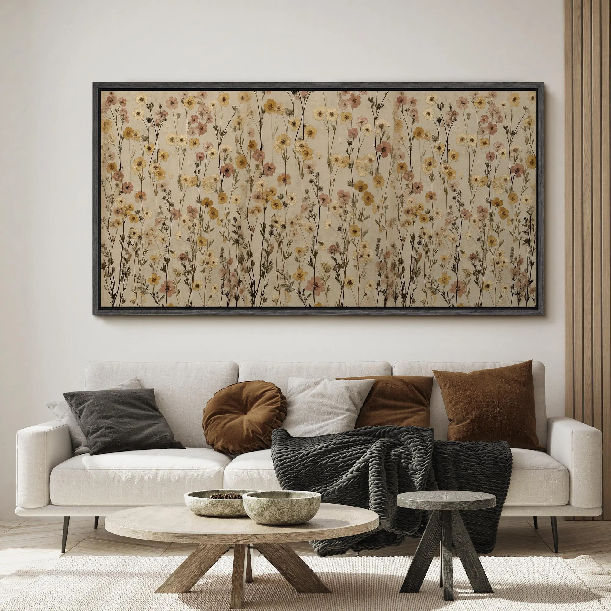 Large Pressed Wildflower Framed Wall Art, Neutral Beige Botanical Canvas Print, Cottagecore Living Room Decor