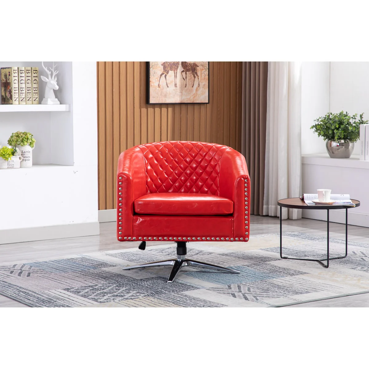 Polyester Swivel Barrel Chair with Nailheads and Metal Base