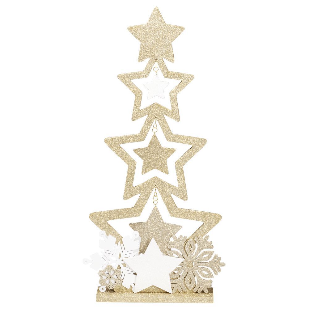 Sapin bois à poser décor étoiles doré pailleté H75cm