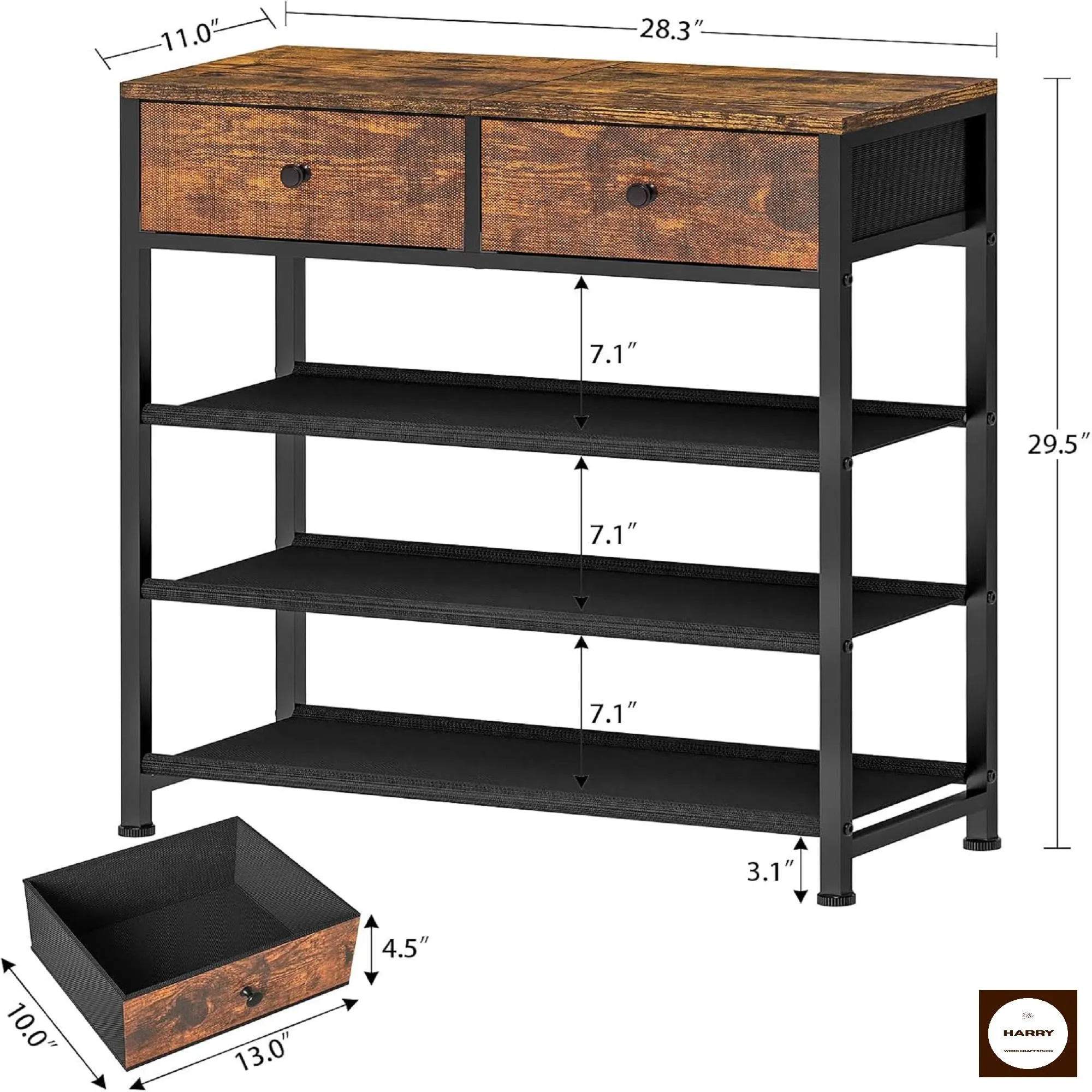 Rustic Wood Shoe Rack with Drawers, 4 Tier Shoe Organizer for Entryway, Industrial Metal Shoe Shelf, Small Space Shoe Storage Cabinet