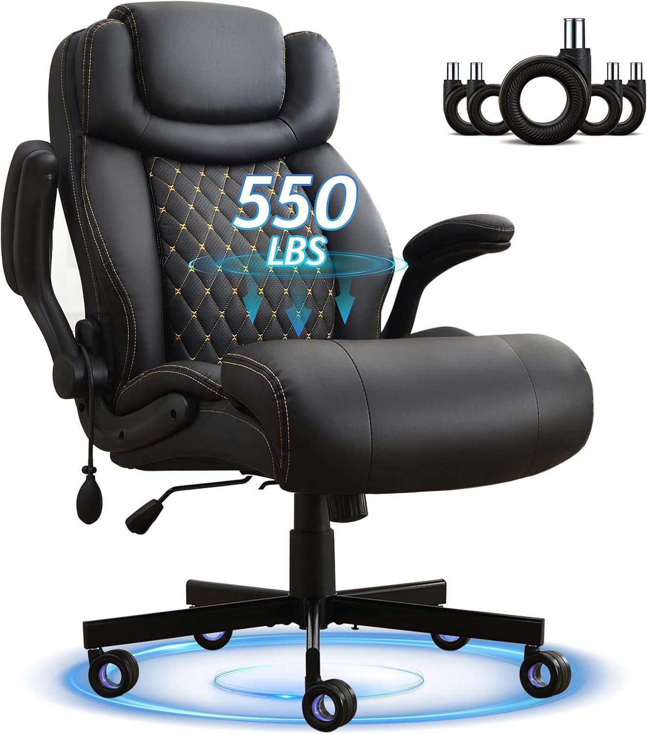 Office Chair, Big and Tall Executive Chairs with Lumbar Support for Back Pain, Breathable Desk Computer Chair with Adjustable Flip-up Armrests, Wide Cushion Swivel Home Office Chair Black PU