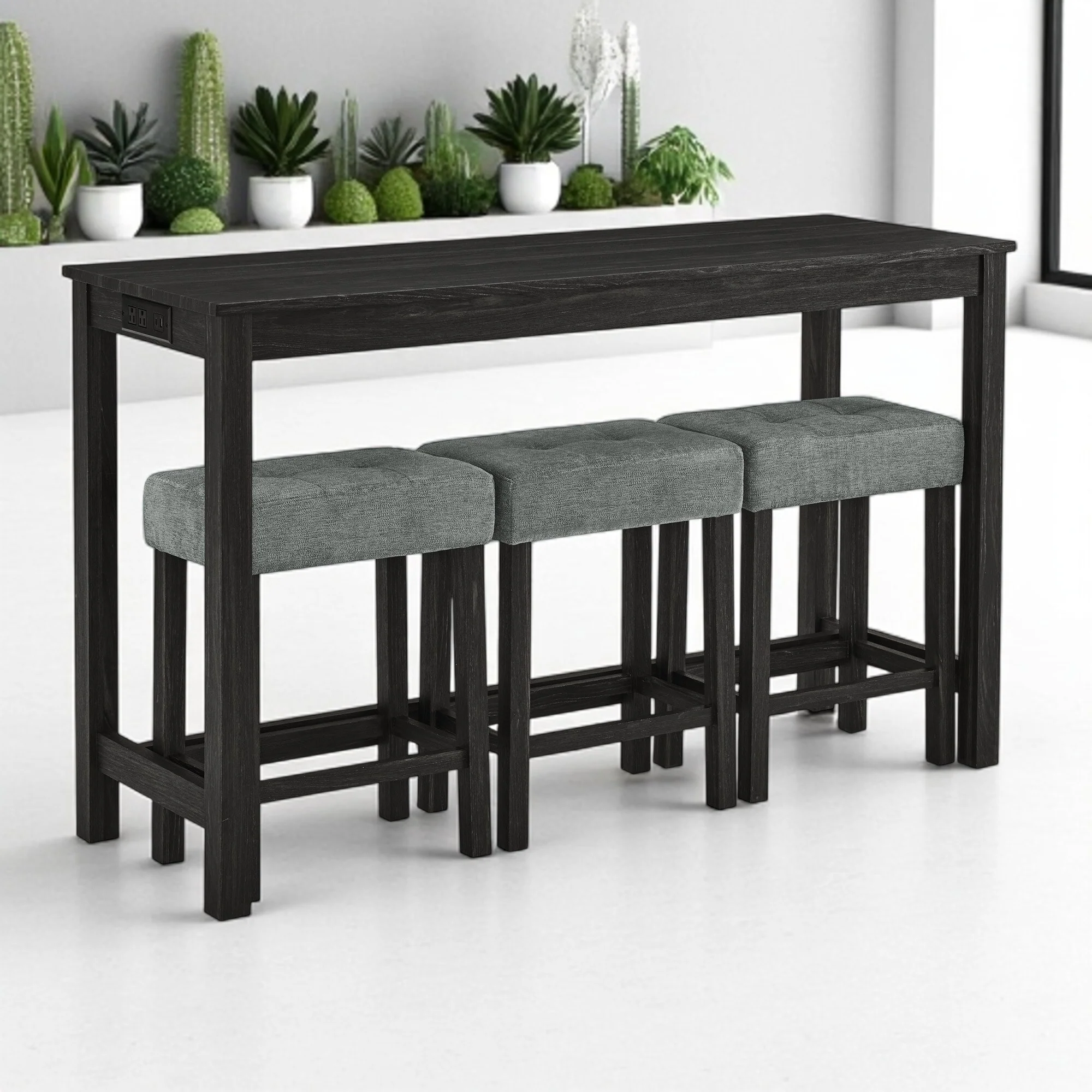 59 Bar Table Set with Charging Station, 4-Piece Dining Table and 3 Upholstered Stools, Space-Saving High Table for Kitchen