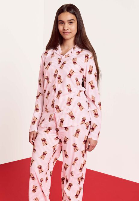 Girls Pink Stripe Dog Print Family Pyjama Set