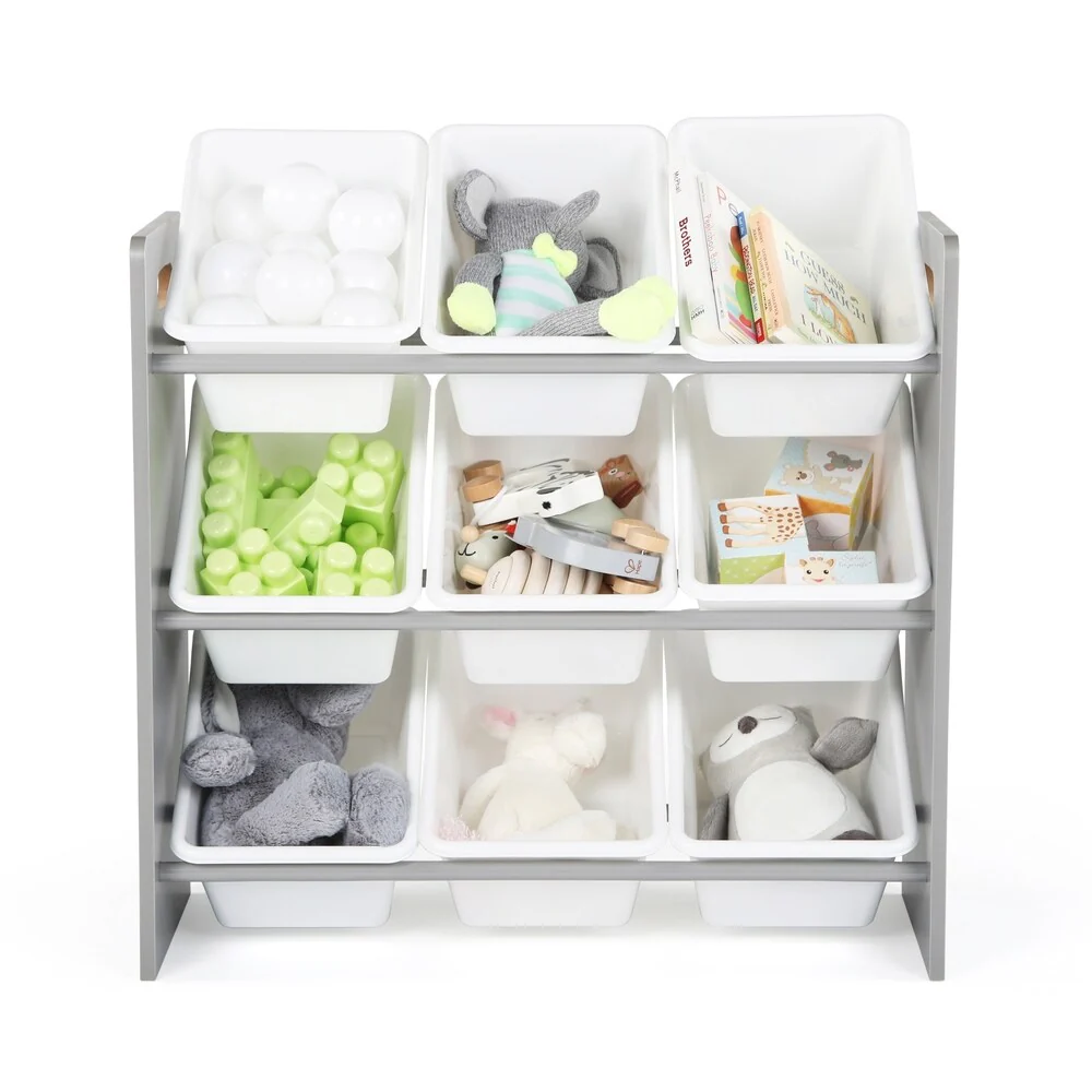Tot Tutors Grey/White Kids Toy Storage Organizer w/ 9 Plastic Bins, Inspire Collection