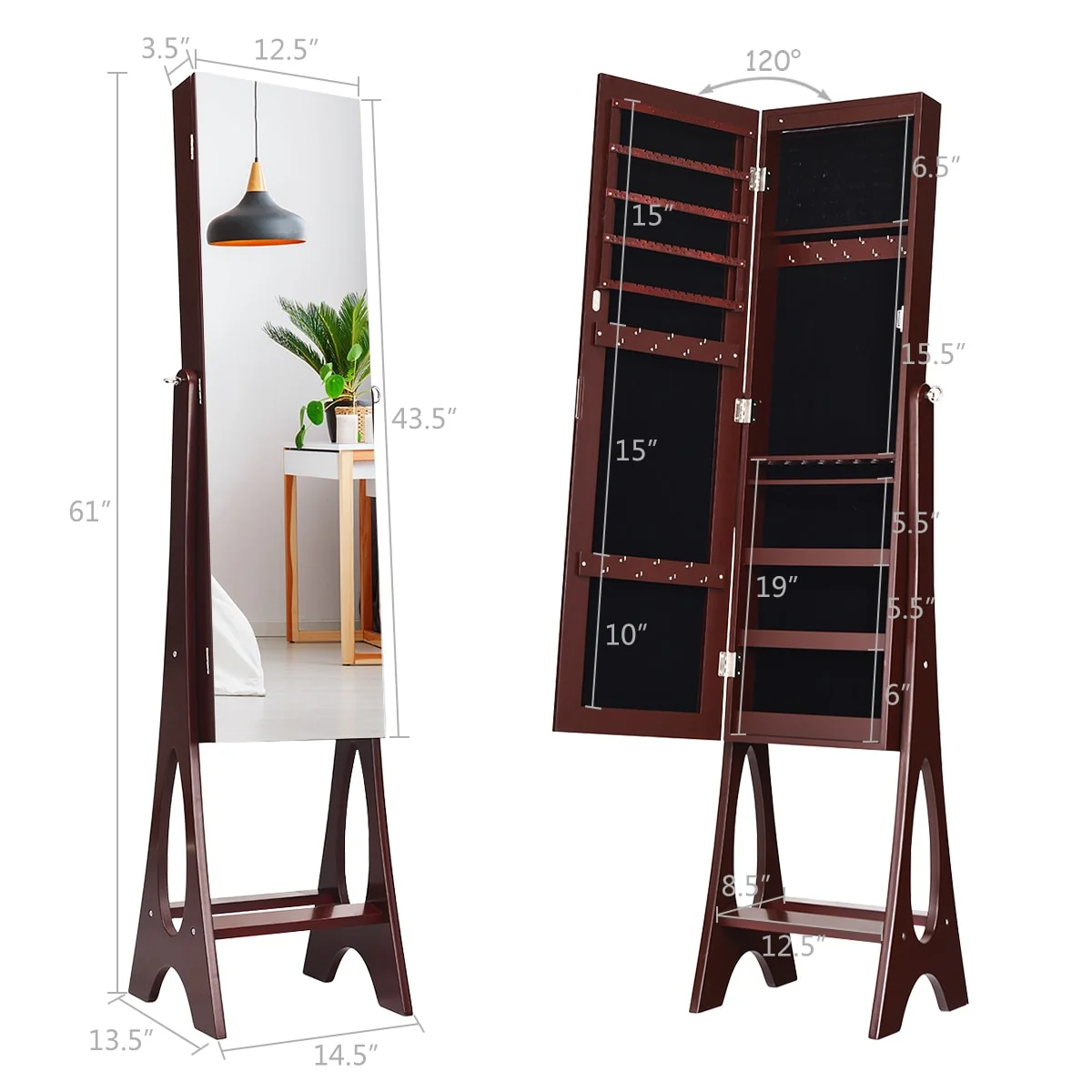 Costway LED Jewelry Cabinet Organizer Bevel Edge Mirrored Standing