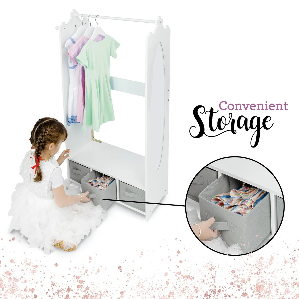 Milliard Dress Up Storage Kids Costume Organizer Center Open Hanging Armoire Closet Furniture with Mirror Baskets and Hooks