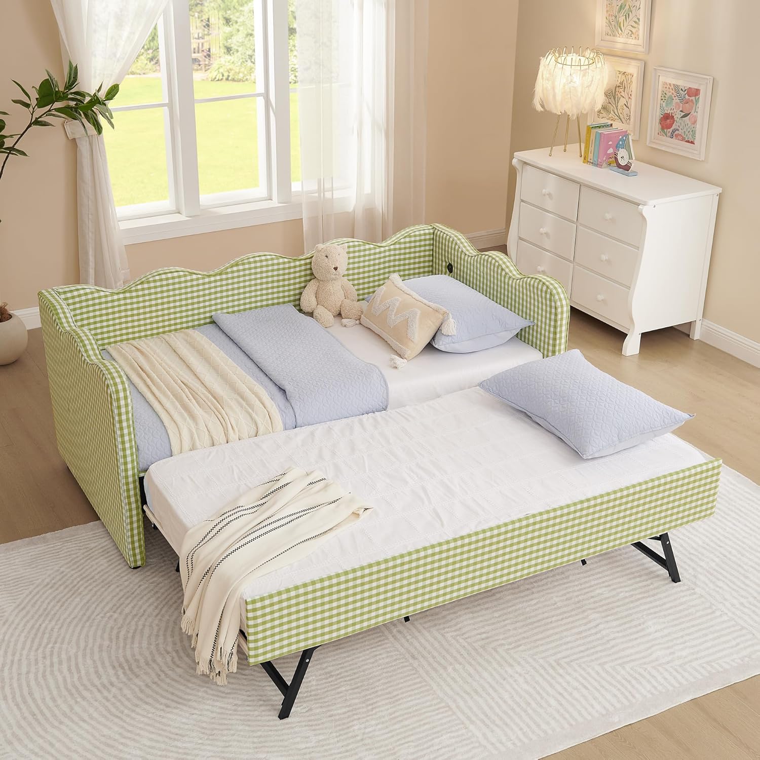 KEIKI Twin Size Upholstery Daybed with Trundle and USB, Twin to King Design Adorable Wave Shaped Extendable Linen Sofa Bed, Easy Assembly, No Box Spring Required, for Living Room and Bedroom, Green