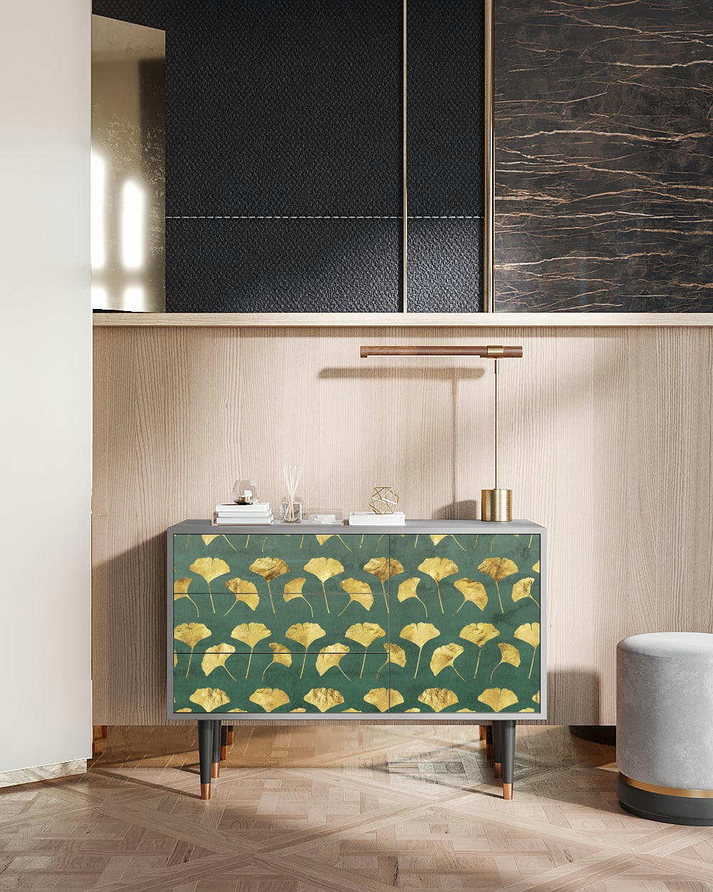 GINGKO LEAVES - Buffet  vert et jaune 3 tiroirs et 1 porte L 115 cm