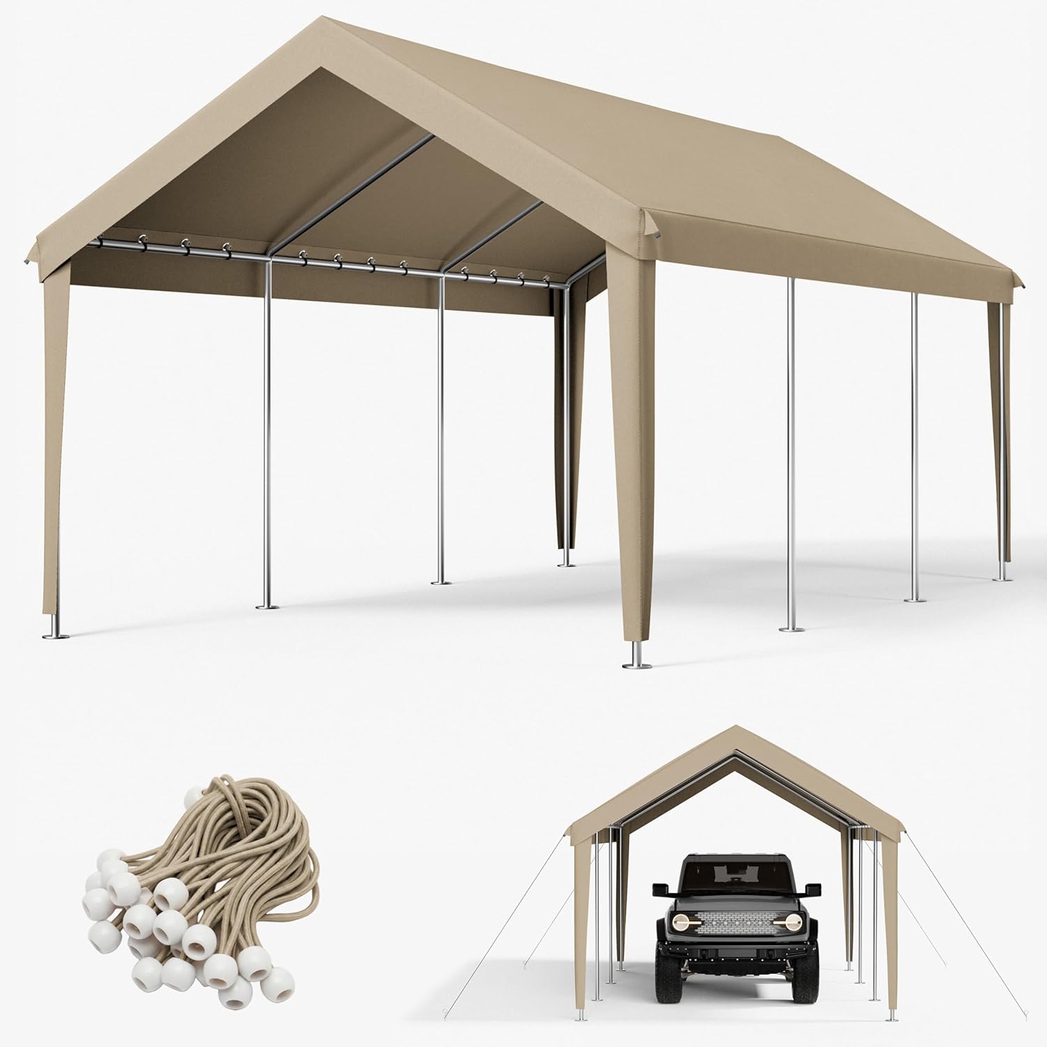 12 x 20 Ft Carport Replacement Cover, Heavy Duty Outdoor Car Tarp Canopy, Waterproof & UV Protected Tear Oxford Tarp with Ball Bungees (Frame is Not Included)
