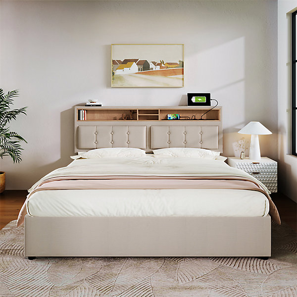 Lit rembourré 140x200cm, lit avec rangement, lit double avec fonction de recharge USB-C, tête de lit et sommier à lattes,lin,beige