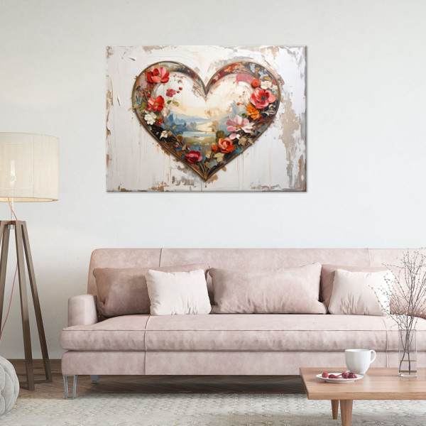 Obraz do salonu sypialni, 3D Serce miłość kwiaty w stylu shabby chic 30x20