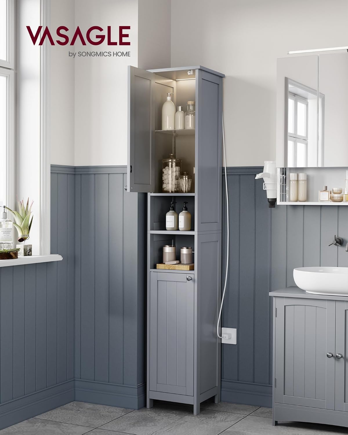 VASAGLE Tall Storage Cabinet with Lights, Slim Freestanding Cabinet with Adjustable Shelves, for Small Spaces, Bathroom, Living Room, Modern, 11.8 Inches Wide, Dove Gray UBBC566G02