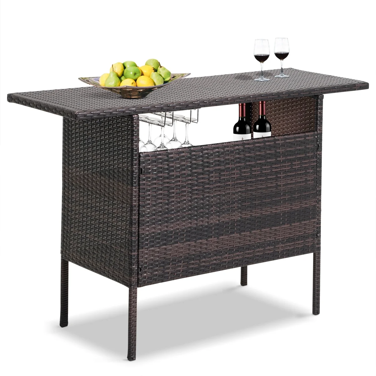 Outdoor Wicker Bar Patio Rattan Counter Table with 2 Steel Shelves