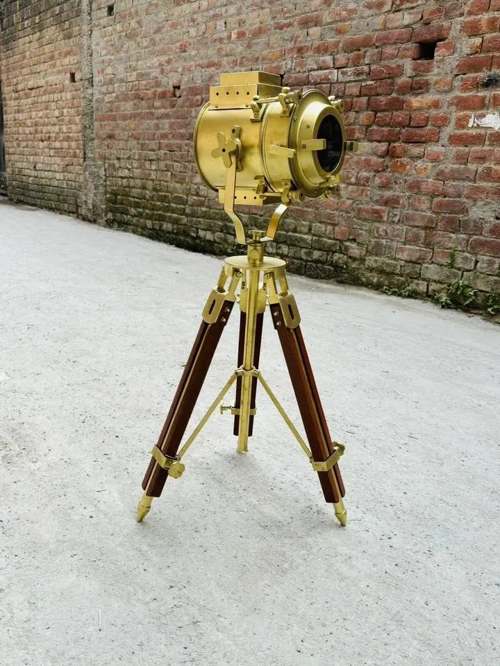 Nautical Spotlight Searchlight Floor Lighting Antique Brass On Wooden Tripod 65 Inch Decorative Gift