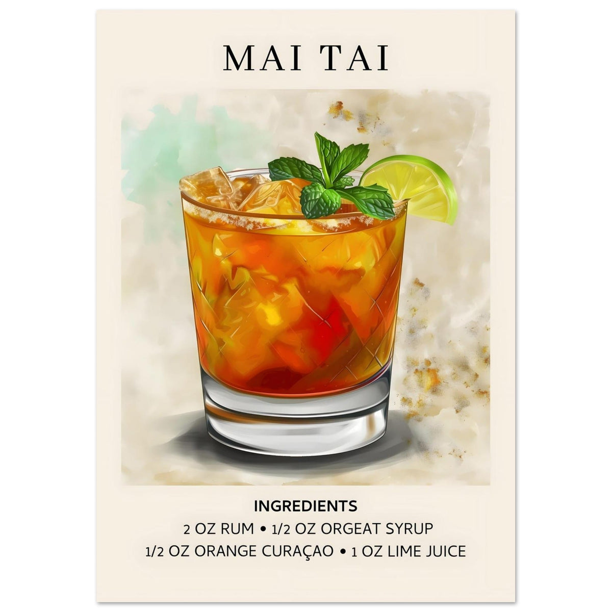 Artfulprints Poster Mai Tai Cocktail - Ingrediënten  - A4 21x29.7 cm - Meerkleurig