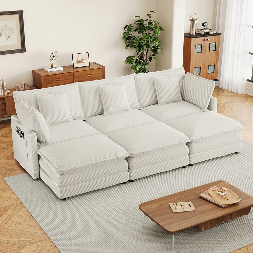 Modular Sectional Sofa, Corduroy, Storage Pockets, Movable Ottomans