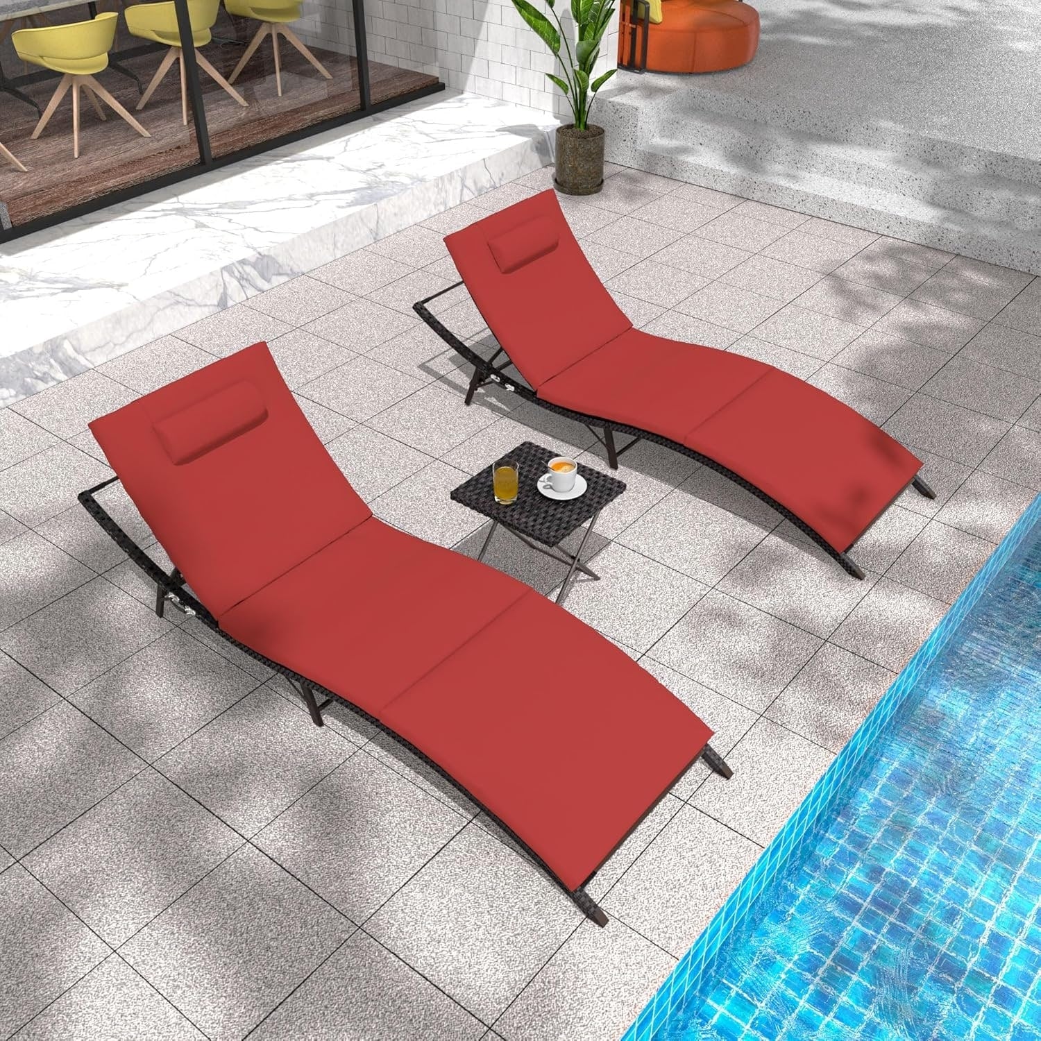 3-Pieces Wicker Outdoor Chaise Lounge Set w/ Two Foldable Lounge Chairs and one Side Table