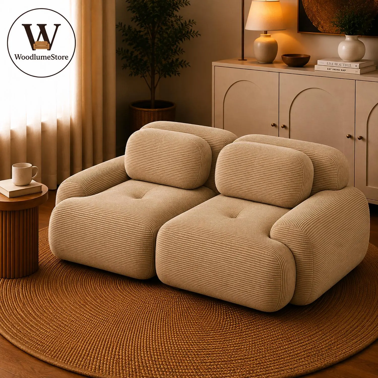 Modular Loveseat Sofa, Corduroy Deep Seat Couch, Modern Seater Sofa for Apartment Living Room.