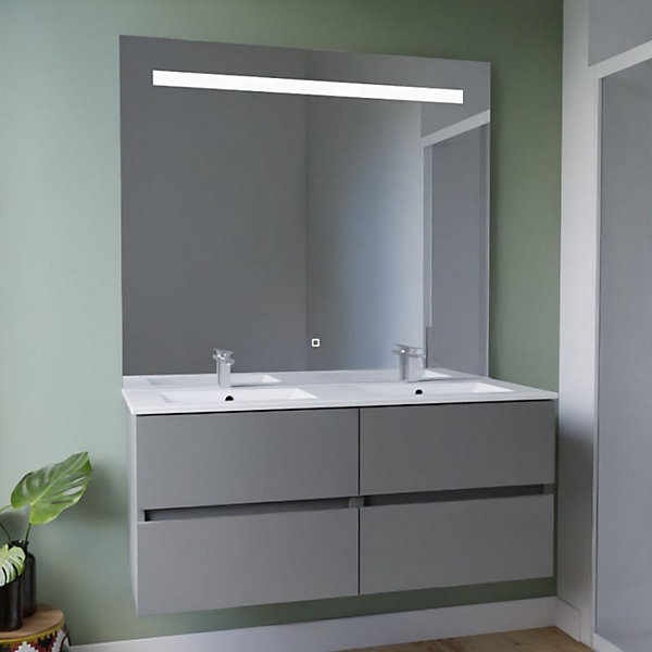 Meuble double vasque 120 cm ROSALY INOX   miroir Elégance ht105- Gris- Plan vasque en Céramique