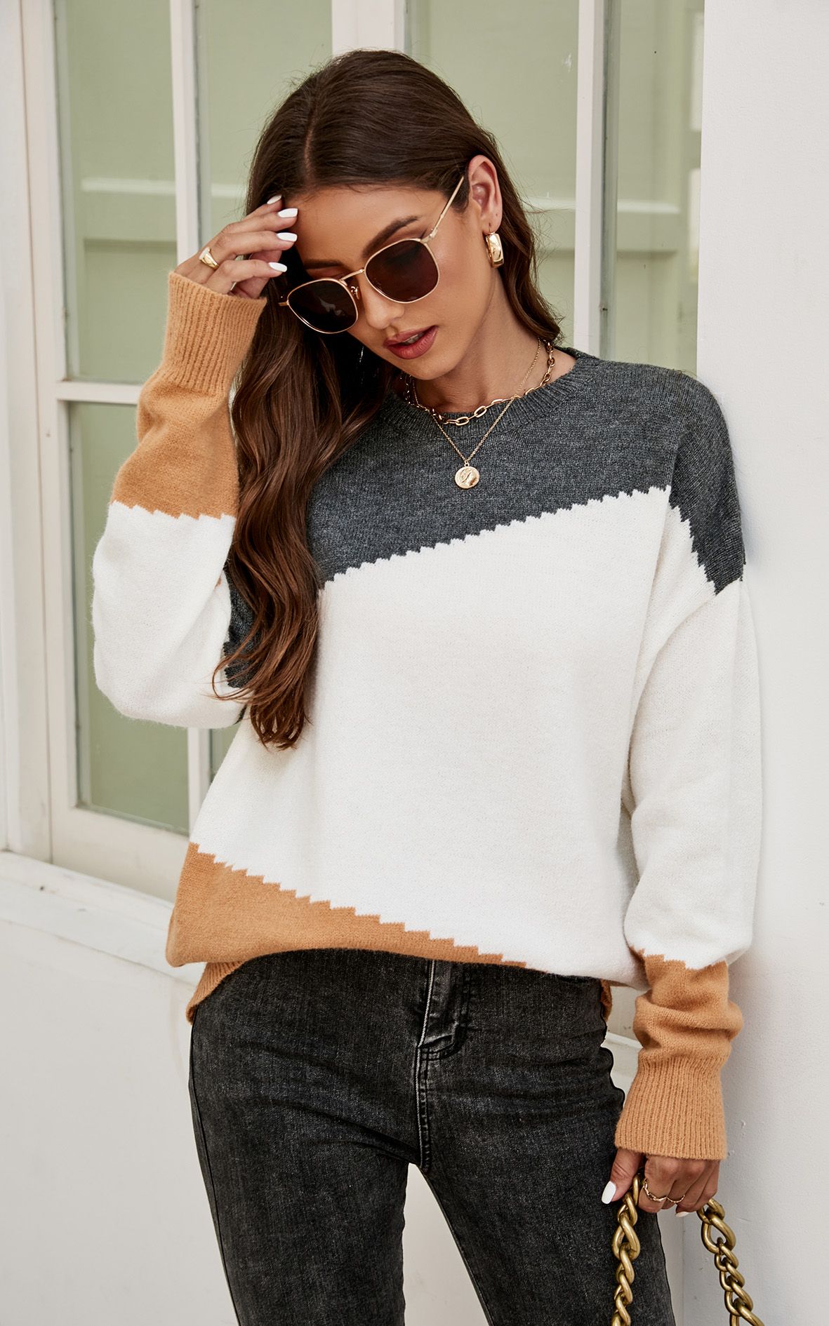FS Collection Grey & Camel Block Colour Jumper Top In Beige