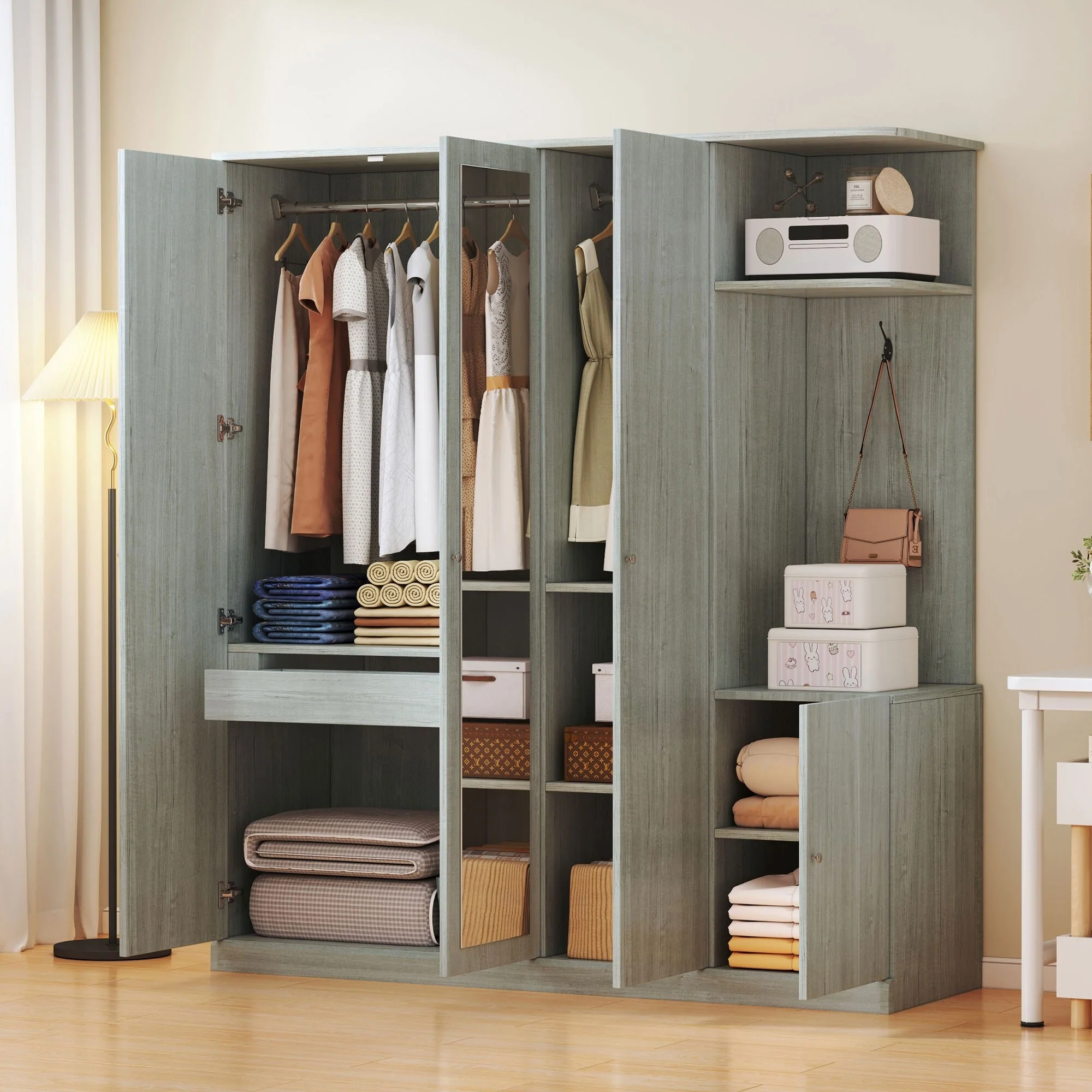 4-Door Wardrobe with Shelves, Drawers, and Full-Length Mirror, Gray