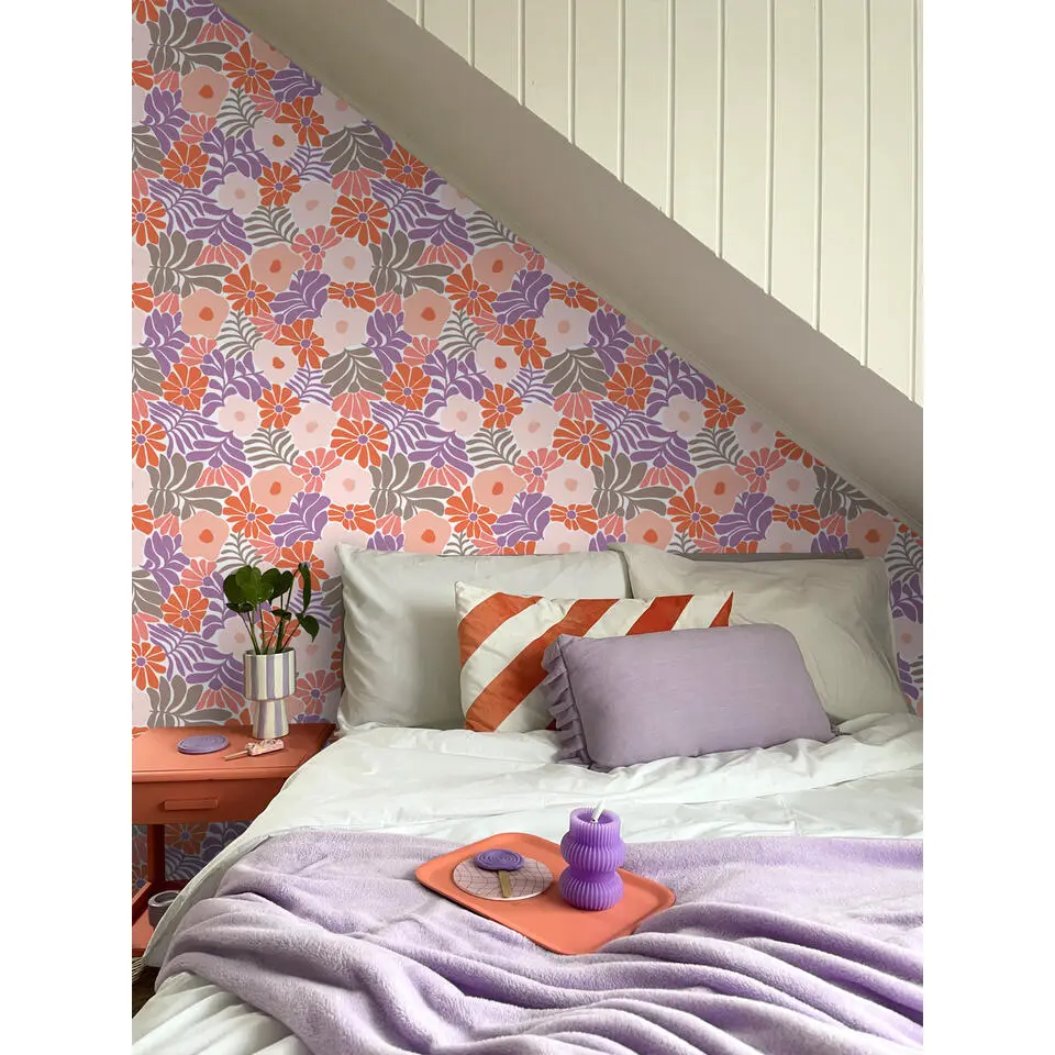 ESTAhome behang bloemen in Matisse stijl paars en oranje - 53 cm x 10.05 m