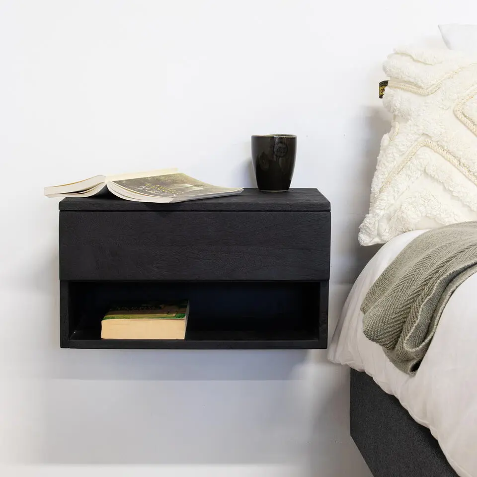 Nachtkastje Zwevend Zwart - 1 lade - 45x30x25cm - Tessa