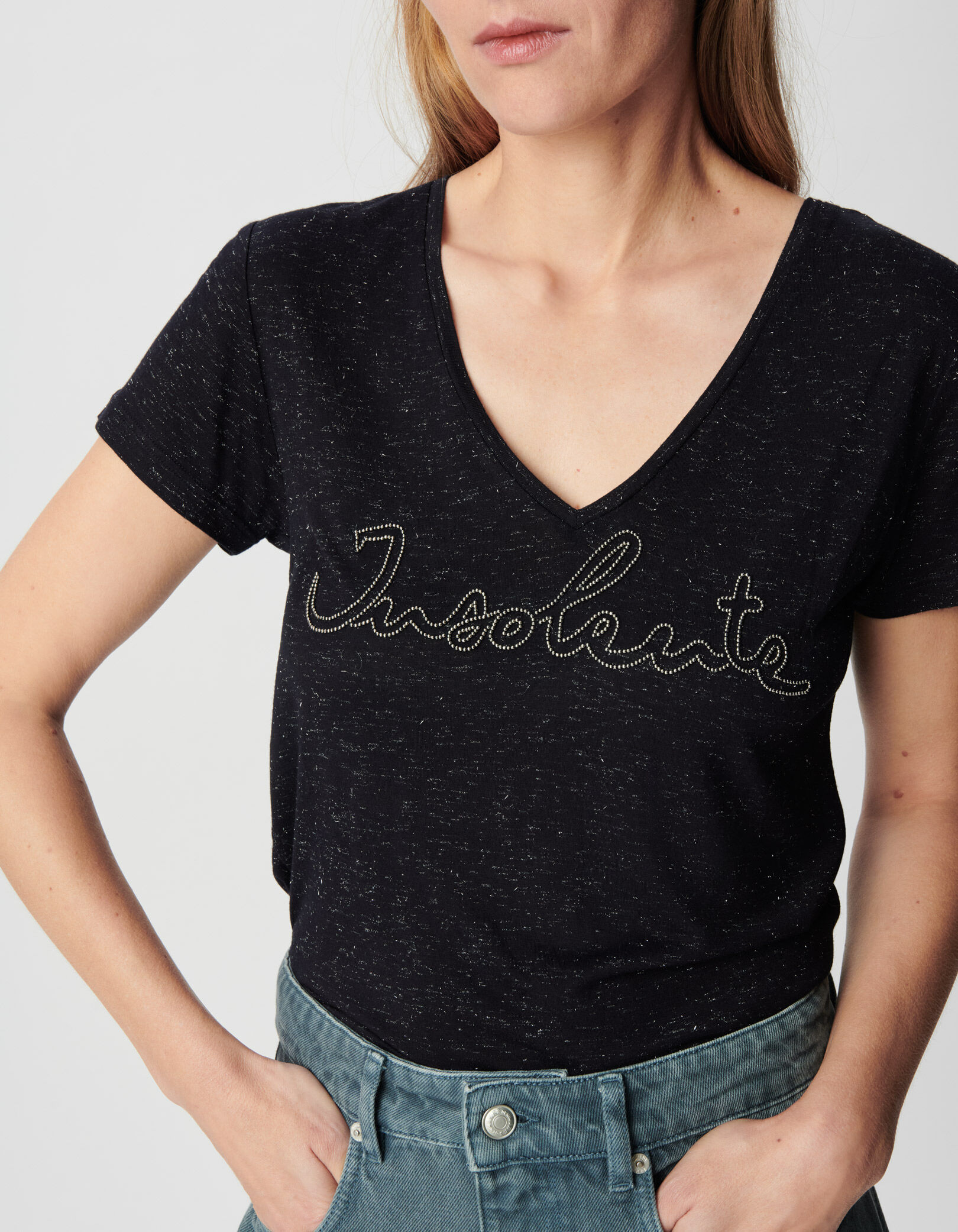 Tee-shirt marine lurex message brodé micro-billes Femme