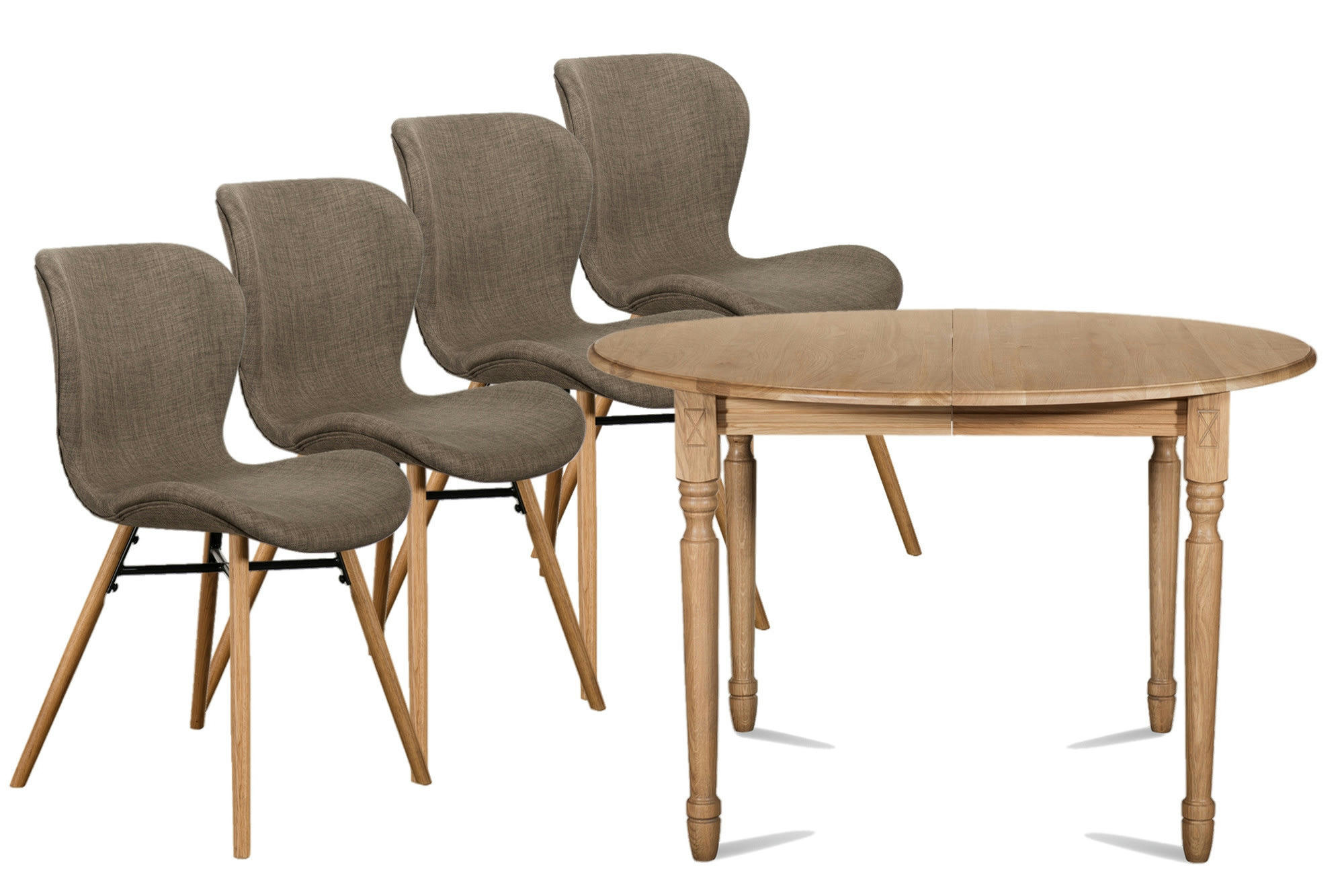- Table ronde extensible pieds tournés D105 + 4 chaises tissu