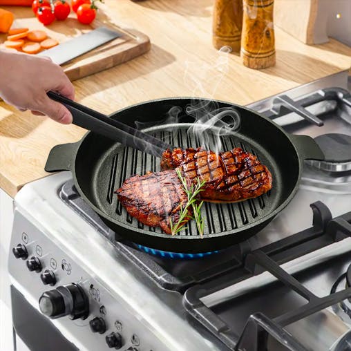 SOGA 26cm Round Ribbed Cast Iron Frying Pan Skillet Steak Sizzle Platter with Handle