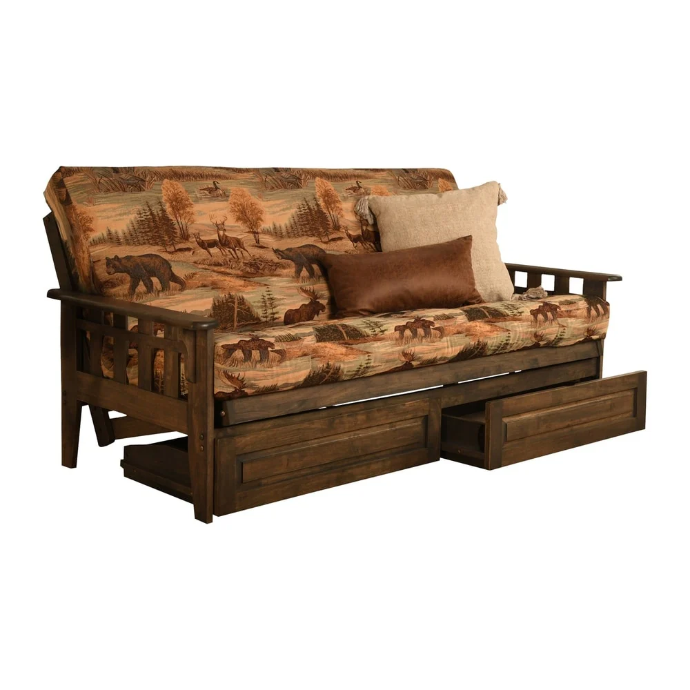 Somette Tucson Full Size Futon Set in Rustic Walnut Finish with Storage Drawers and Mattress
